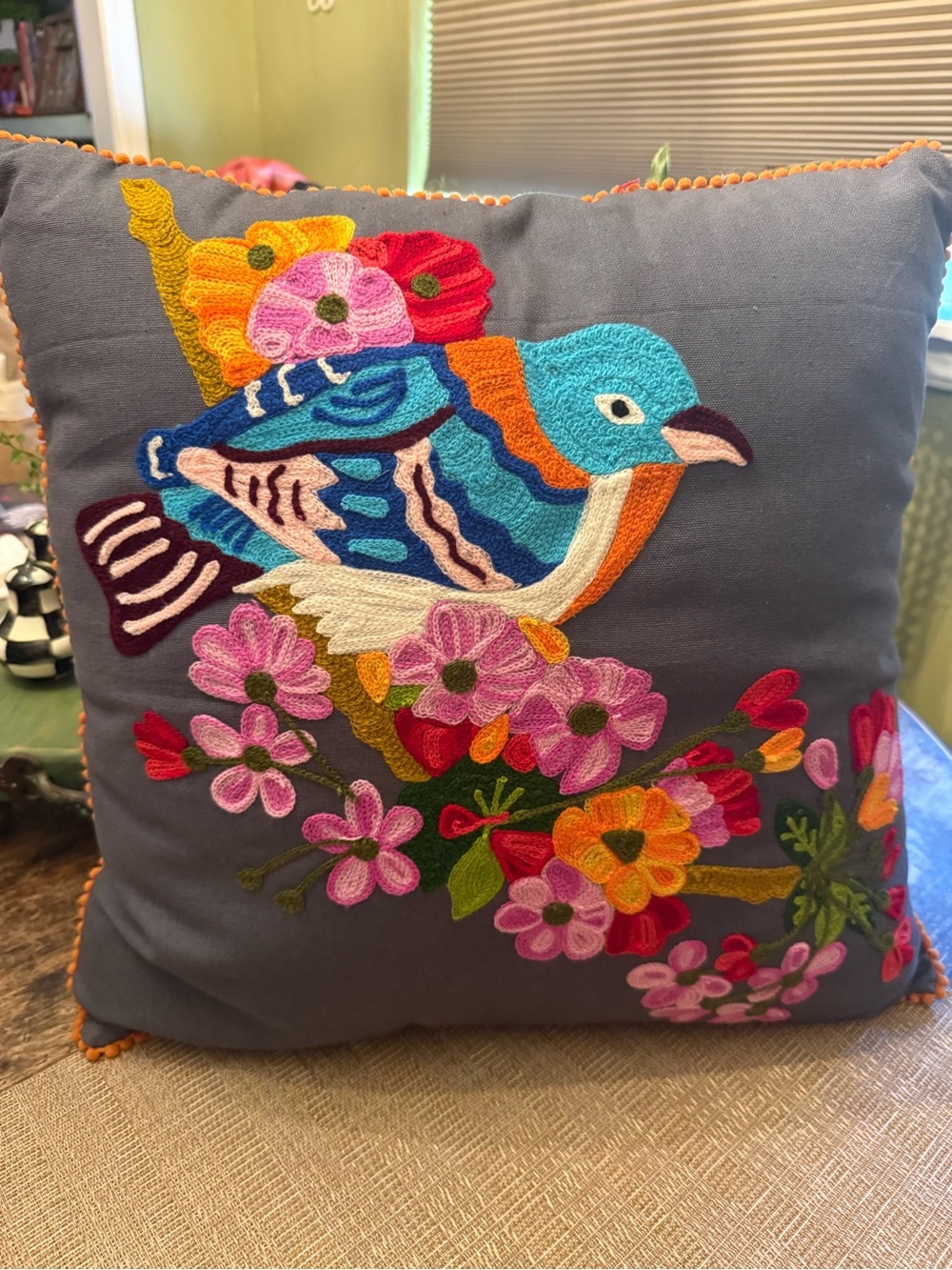 Embroidered Blue Bird Floral Throw Pillow - Decorative Home Accent